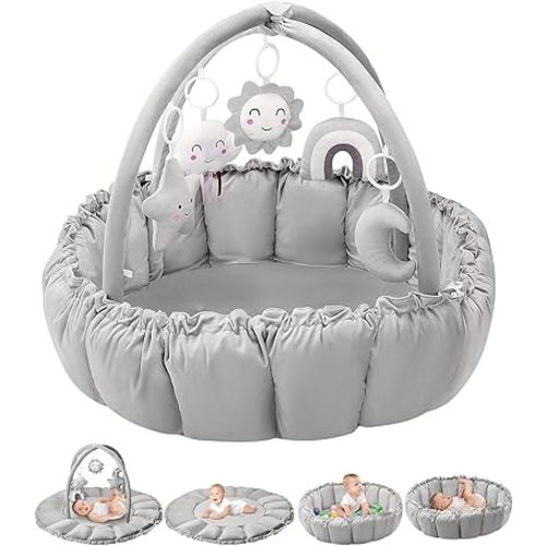 5-in-1 Convertible Baby Gym Play Mat with Hanging Toys, Soft Padded Baby Lounger & Ball Pit, Plush Tummy Time Mat for Newborns to Toddlers, Machine Washable, Gray