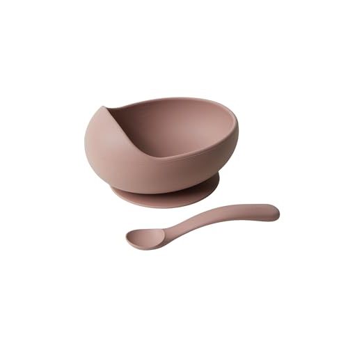 Konny Baby Bowl Microwaveable Silicone & Spoon Set, Self Feeding Essentials Baby Led Weaning Supplies -Raspberry Mousse