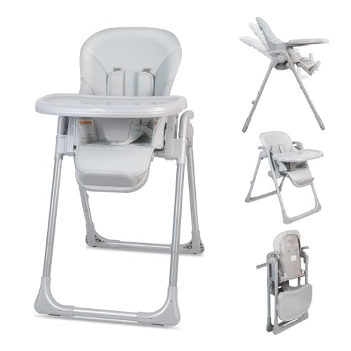 High Chairs for Babies and Toddlers, Foldable Dining Chair for Home, Adjustable Height, Backrest and Footrest, Removable Double Tray, Compact & Space-Saving, 2 Built-in Wheels, Gray