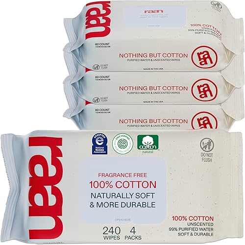 Raan, 100% Cotton Baby & Toddler Wipes, Unbleached, 99% Purified Water, Unscented, EWG verified, Made for Sensitive Skin, Extra Soft and Durable, 4 pack, 240 Count