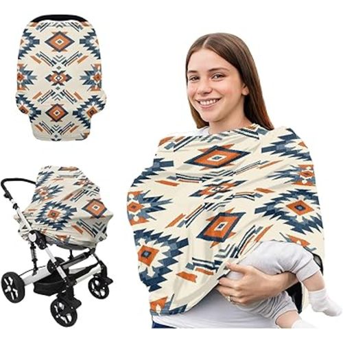 Aztec Baby Car Seat Covers Privacy Breathable Breastfeeding Cover Western Stretchy Carseat Canopy Boys Girls Nursing Cover Infant Shower Gift Beige