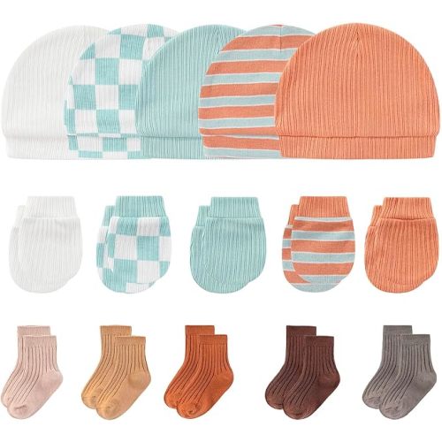 MAMIMAKA Newborn Baby Boy Girl Caps Mittens Socks Set Cotton Baby Essentials Accessories (Hats+Gloves+Socks)