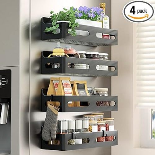 4 Pack Strong Magnetic Spice Rack for Refrigerator, Multipurpose Magnetic Shelf for Fridge with 4 Hooks for kitchen and Bathroom Organization, Black