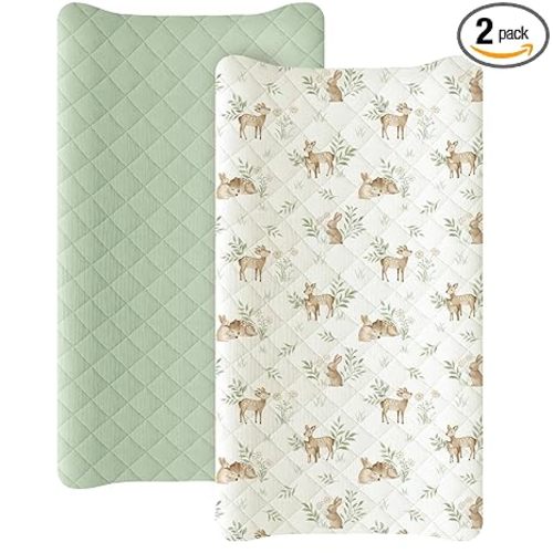 Konssy Waterproof Muslin Changing Pad Cover 2 Pack, Quilted Cotton Fitted Diaper Changing Table Cover, Soft Changing Pad Sheets for Girls Boys (Woodland, Sage)