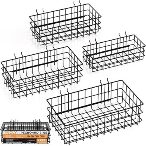 INCLY 4 Pack Pegboard Baskets Bins Set, Black Metal Pegboard Accessories