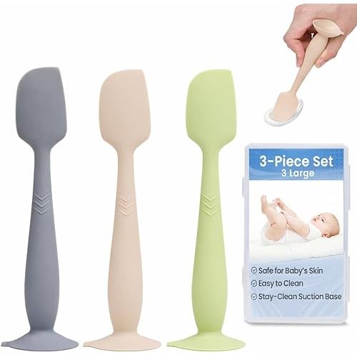 3-Pack Diaper Cream Spatula - Soft Silicone Butt Paste Spatula with Full-Size Applicators, Diaper Rash Cream Applicator for Newborn Baby Essentials (Green, Beige, Gray)