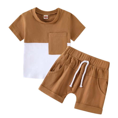 Xudanell 18 Month Boy Clothes Two Piece Patchwork Set Summer Solid Patchwork Pants Sets Boys Outfits Coffee 6-12 Months