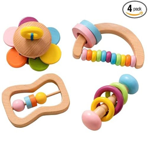 4 PCS Wooden Baby Rattle, Organic Colorful Baby Rattles Set, Wood Rattles for Babies 0-6-12 Months, Wooden Teether Crochet Rattle Toy for Infant Newborn,Montessori Toys for Babies 0-6 Months