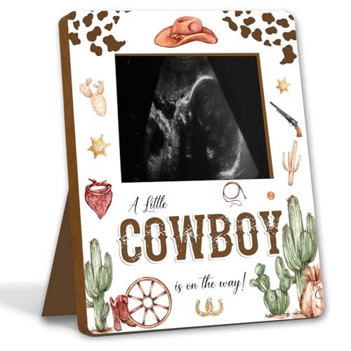 ALodr Cowboy Baby Shower Decorations, Baby Shower Sign Picture Frame, Cowboy Party Decor for Gender Reveal, Pregnancy Milestone Keepsake, Pregnancy Announcement Sonogram Photo Frames