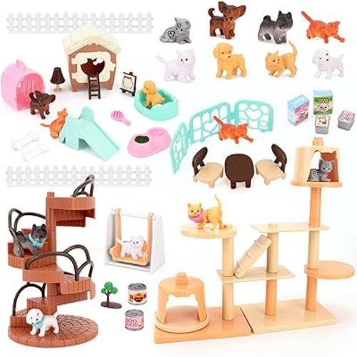 67 PCS Cat and Dog Pet Figurine Playset, Pretend Play Toy for Kids Creative DIY Realistic Detailed, Educational Gift for Kids, Toddlers, Boys and Girls
