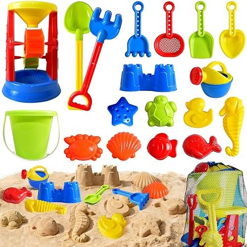 Beach Toys, 19 Piece Sand Toys Set Kids Sandbox Toys Includes Water Wheel Beach Tool Kit Bucket Watering Can Molds with Mesh Bag for Kids Ages 3-13