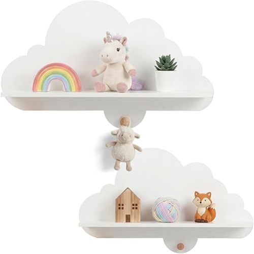 GLACER Floating Cloud Shelves, 2-Piece Wall Shelves Set, Cute Book Shelf with Wooden Hooks, Space-Saving Corner Storage for Kids Nursery Bedroom Playroom