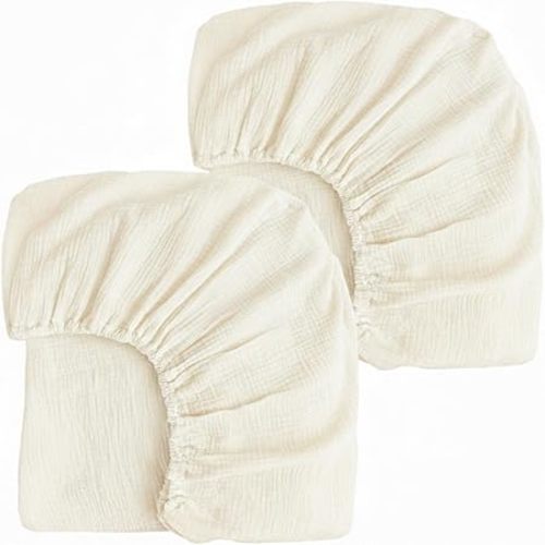 2 Pack Ivory Muslin Crib Sheets for Boys & Girl- Neutral Breathable Cotton Crib Mattress Sheets Fitted for Standard 28"x 52"- Nursery Décor No Slip Crib Bed Sheets