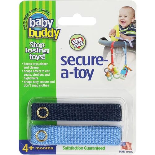 Baby Buddy Secure-A-Toy, Safety Strap Secures Toys, Teether, Or Pacifiers to Strollers, Highchairs, Car Seats, Adjustable Length to Keep Toys Sanitary Clean, Registry Must Haves, Blue-Navy, 2 Count
