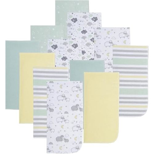 EVERYDAY KIDS 12 Pack Burp Cloths for Baby Boys and Girls - Sheeps, Clouds and Stars