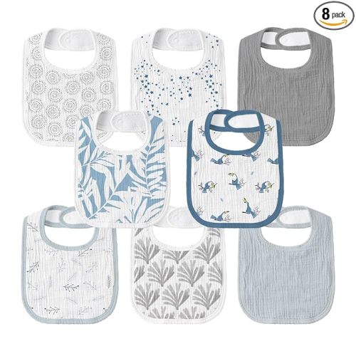 GLLQUEN BABY Muslin Drool Bibs for Boys Girls 8 Pack, Adjustable Baby Bibs for Drooling and Teething, Soft Cotton Baby Bandana Bib for Newborn Feeding Essentials (Toucan)