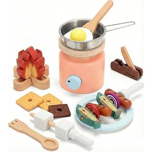 Pillowhale Wooden Campfire Playset, Pretend Play Camping Toys for Kids