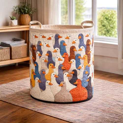 Quilted Duck Storage Bin Laundry Basket – Colorful Fabric Toy Organizer for Nursery or Laundry Room