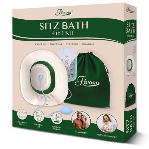 4 in 1 Sitz Bath Soaking Kit - Complete Kit for Epsom Salt Soaks for Postpartum Care and Hemorrhoid Treatment - Bundle of Sitz Bath Seat, Solution Bag, Hand Flusher & Storage Bag