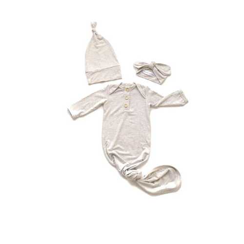 Oatmeal Newborn Gown Set: Knotted Hat & Headband - Made in USA
