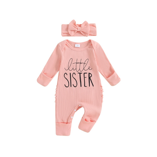Newborn Baby Girl Coming Home Outfit Long Sleeve Letter Romper Ribbed Ruffle Jumpsuit Headband Set Spring Fall Clothes