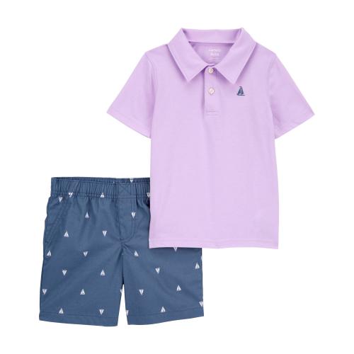 Baby 2-Piece Jersey Polo Shirt & Sailboat Shorts Set - Style,Purple/Navy