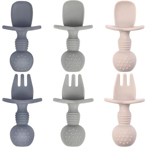 Eascrozn Baby Utensils, 3 Pack Silicone Forks and Spoons Set, Baby Spoons Self Feeding 6+ Months, BPA Free, Baby Led Weaning Feeding Supplies, Dishwasher Safe