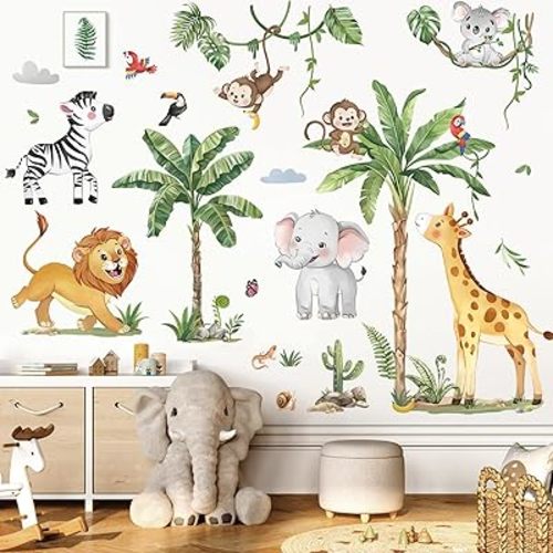 decalmile Large Jungle Animals Tropical Tree Wall Decals Safari Animals Giraffe Elephant Lion Wall Stickers Living Room Baby Nursery Kids Room Wall Decor(XL)