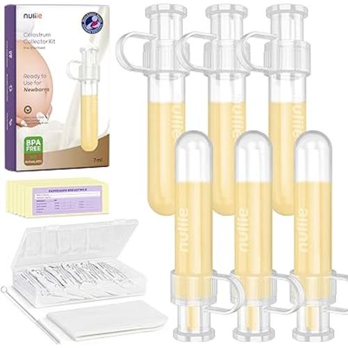 Nuliie Colostrum Collector Kit 7ml/6pcs, Leakproof, Reusable Breast Milk Collector, Heat & Freezer Resistant, BPA-Free, With Cotton Cloth Wipe, Storage Case, Cleaning Brush - Ready-to-Use for Newborns