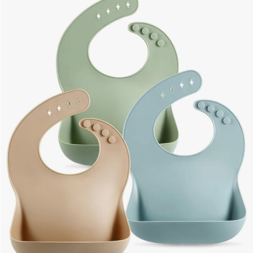 PandaEar Set of 3 Silicone Baby Bibs Waterproof, Soft, Unisex, 10-72 Months (Brown/Blue/Green)