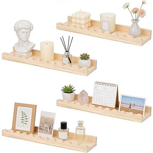 4Pack Scalloped Bookshelf, Solid Wood Nursery Book Shelves, Floating Book Shelves for Wall, Books Display Wall Bookshelf for Bedroom Kids, Toddler Room, Baby Room, Nursery Decor