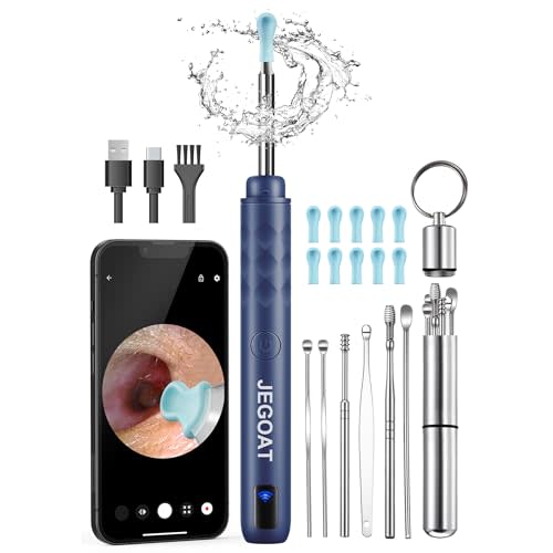 Jegoat Ear Wax Removal, Ear Wax Removal Tool Camera with 1296P HD Camera and 6 LED Lights, Ear Cleaner with 10 Ear Pick, Upgraded Ear Wax Removal Kit for iOS and Android, Navy Blue