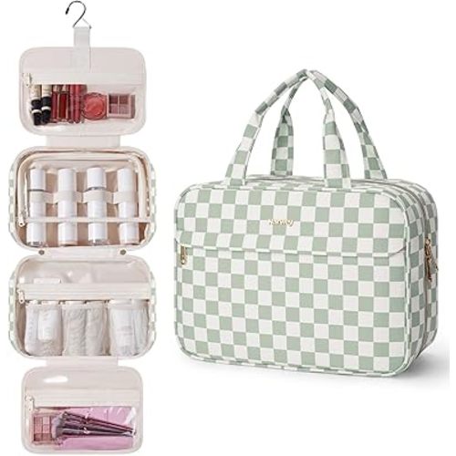 Narwey Hanging Travel Toiletry Bag for Women Checkered Makeup Bag Organizer Cosmetic Make up Toiletries Bag for Travel Essentials Accessories (Mint Green Checkerboard, Large)