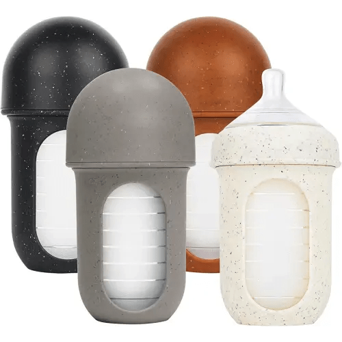 Boon Nursh Reusable Silicone Pouch Baby Bottles - Medium Flow Nipple - Silicone Baby Bottle Pouch and Nipple - Baby Feeding Essentials - Speckle - 3-6 Months - 4 Count - 8 Ounce