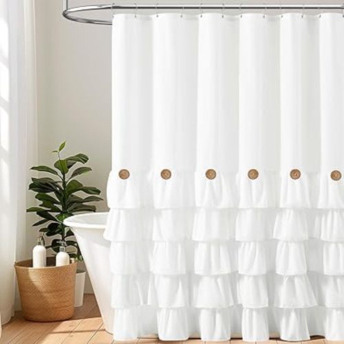 BTTN Extra Long 72x96 Shower Curtain - Ruffle Farmhouse Boho French Country Fabric Shower Curtains for Bathroom, Extra Tall Shabby Chic Vintage Waterproof Shower Curtain Set with 12 Hooks, White