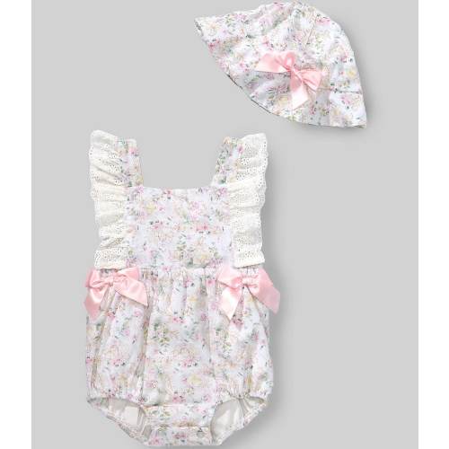 Rare Editions Baby Girls Eyelet-Ruffled-Trimmed Flutter Sleeve Bow Accent Floral-Printed Romper and Hat Set