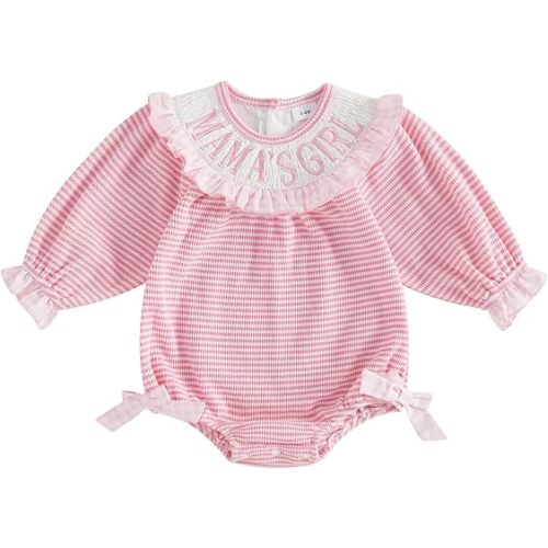 Newborn Baby Girl Fall Outfit Plaid Stripe Romper Letter Embroidery Side Bow Long Sleeve Jumpsuit Infant Clothes