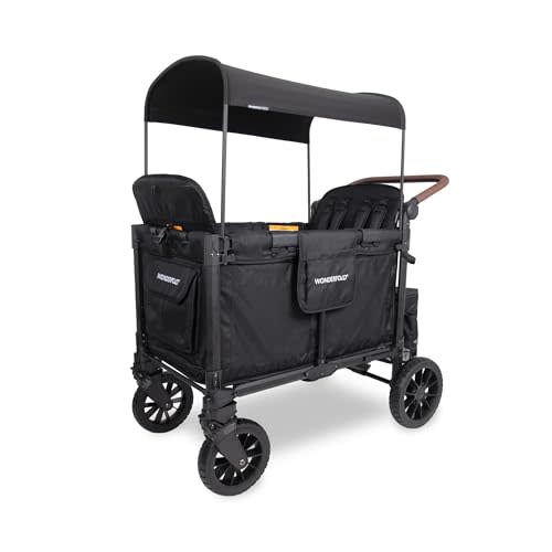 WONDERFOLD W4 Luxe Pro Stroller Wagon (4 Seater) - Collapsible Wagon Stroller with Seats Featuring 5-Point Safety Harnesses and Adjustable Sun Canopy, Jet Black