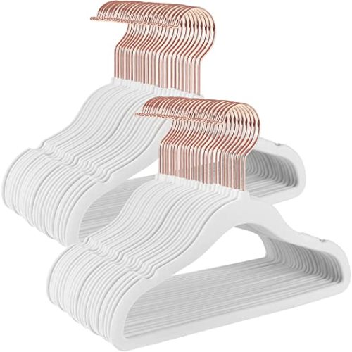 SONGMICS Baby Kids Hangers 50 Pack for Closet, 11.8 x 8.1 Inches, Rose Gold 360° Swivel Hooks, Space-Saving Clothes Velvet Hangers for Nursery, Non-Slip, Cloud White UCRF027W01