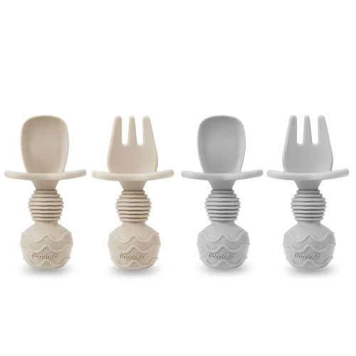 PandaEar (4 Pack) Silicone Baby Led Weaning Spoon Fork| First Training Self Feeding Utensils Set| Anti-Choke Silverware Eating Supplies for Toddler 6 Months Up (Carnation Grey)