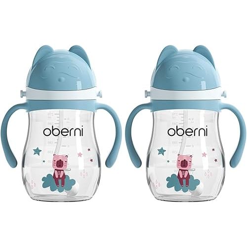 No Spill Sippy Cups, Double Sealing Leakproof Water Bottle with Weighted Straw and Non-Slip Handle for Toddler 1-3 Years, Tritan Baby Cups 12+ Months, 270ml/9oz (2Pack,Blue)