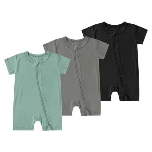 Teach Leanbh Unisex Baby 3 Pack Bamboo Viscose Pajamas 2 Way Zipper Short Sleeve Romper Jumpsuit Sleep and Play