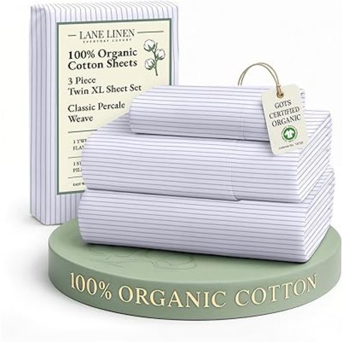 LANE LINEN 100% Organic Cotton Twin XL Sheets Set 3-Piece Pure Percale Bedsheets Bedding Breathable Fits Mattress Upto 15" Deep - Blue Ticking Stripe