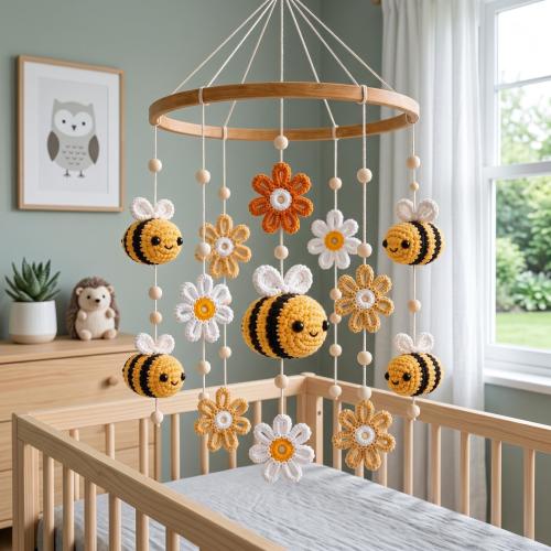 Bee Baby Mobile, Crochet Baby Mobile, Handmade Baby Mobile, Crib Mobile, Flower Nursery Decor, Boho Baby Shower Gift