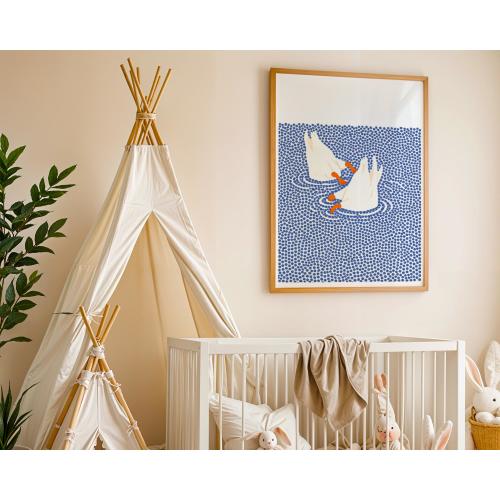 Playful Duck Print | Blue Dot Water Illustration, Scandinavian Nursery Decor