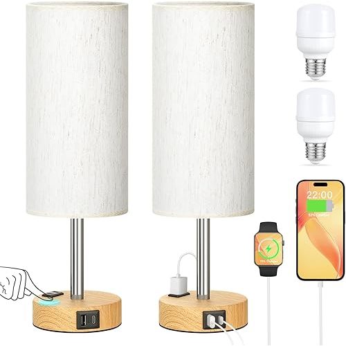 Touch Bedside Table Lamps Set - 3 Way Dimmable Bedroom Lamps Set of 2 with USB C and A Ports, Small Lamps for Nightstand with AC Outlet, Wood Base Round Flaxen Shade for Desk, Office, Dorm, Nursery