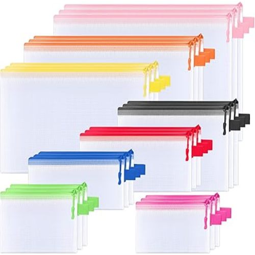 BALEINE 24PK Mesh Zipper Pouch Bags, Waterproof Clear Zipper Bags, Multiple Colors Plastic Mesh Bag File Bag for Organization, Suitable for Office Supplies, Home, Travel (24 PK, Multi 8 Sizes)