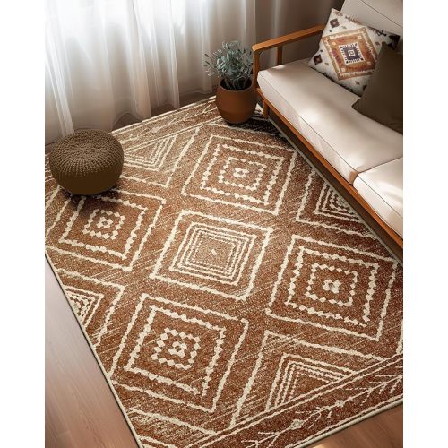 Area Rug 5x7 Rug Machine Washable Non-Slip Low Pile Print Pattern Western Rug for Living Room Bedroom Entryway Tribal Series -Yellowbrown/Cream