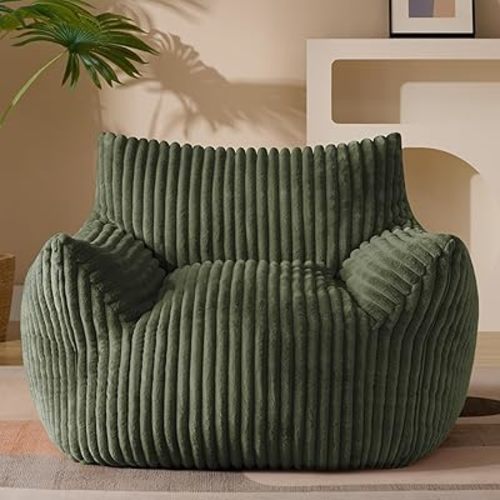 Gericco Giant Plush Bean Bag Chair for Adults with Armrests - Oversized Comfy Green Beanbag Lounge Lazy Floor Sofa Accent Chair for Living Room, Bedroom & Dorm, Cozy Fluffy Single Cloud Mini Couch
