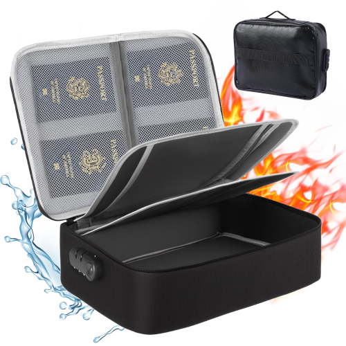 Fireproof Document Bag with Lock, Waterproof Document Organizer Case for Home Office Travel, Fire and Water Resistant Storage Bag for Money, Files, Passports, Cards, and Valuables, Black